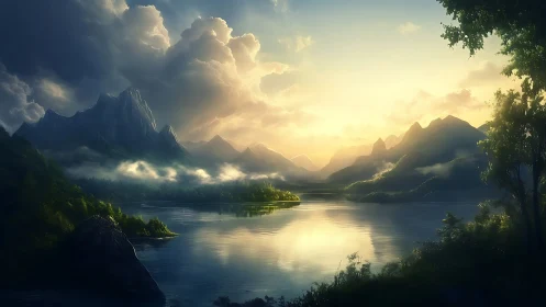 Luminescent alpine lake at sunrise with volumetric clouds