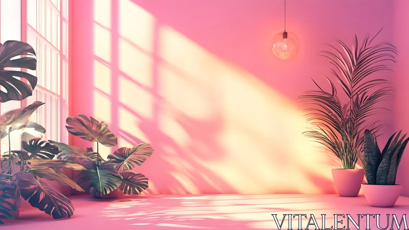 Sunlit pink interior with potted tropical plants and sharp cast shadows