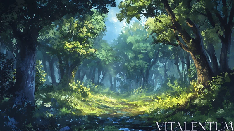 Luminescent forest corridor with atmospheric light diffusion through canopy layers