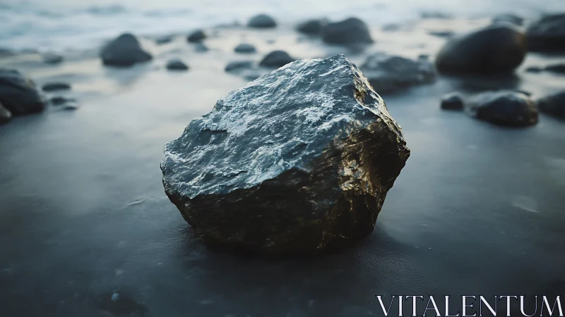 Wet coastal rock resting on smooth shoreline surface.
