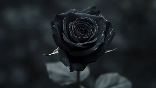 Macro closeup of single black rose with dewy petals in bokeh field