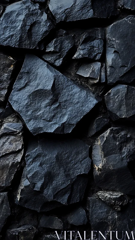 Dark fractured rock wall with angular slate surfaces.