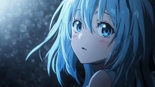 Blue haired anime girl gazes toward soft diffused light