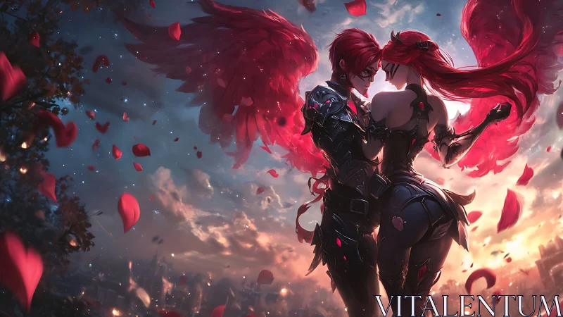 Twin Redhead Cyborg Warriors: Dynamic Pose Amid Crimson Particle Effects