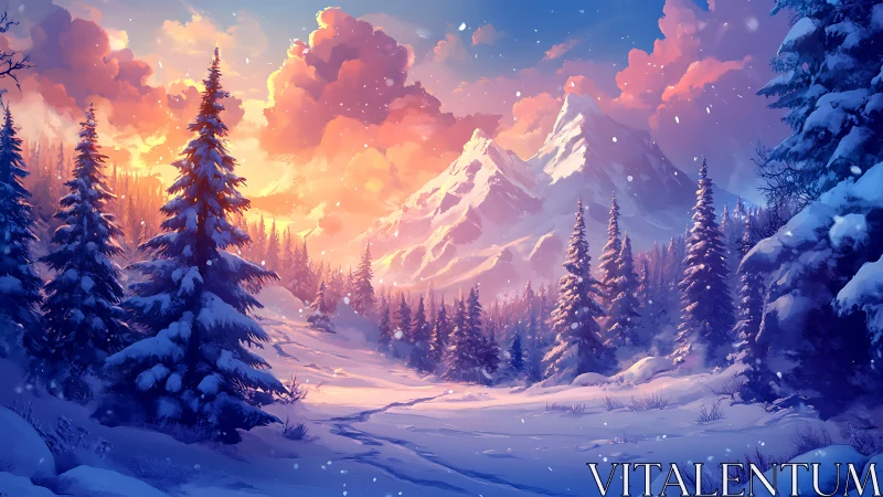 Snowy pine valley glows under vivid sunset mountain light