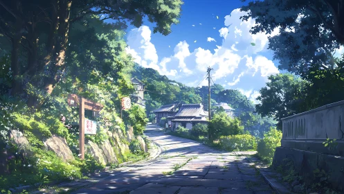 Sunlit rural road curves uphill through dense green foliage