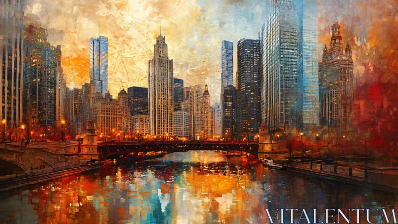 Sunlit river cityscape with fiery reflections at dusk.