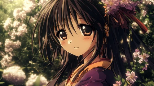 Luminous bokeh anime portrait in floral backlit environment.