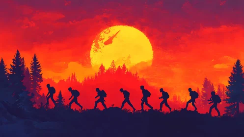 Hikers cross ridgeline under blazing red sunset sky