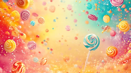 Vibrant candy landscape with colorful lollipops floating in magical sparkle.