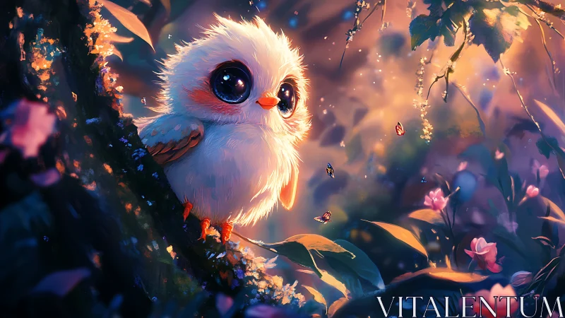 Adorable Fluffy Owl in Magical Forest, Vibrant Fantasy Art.