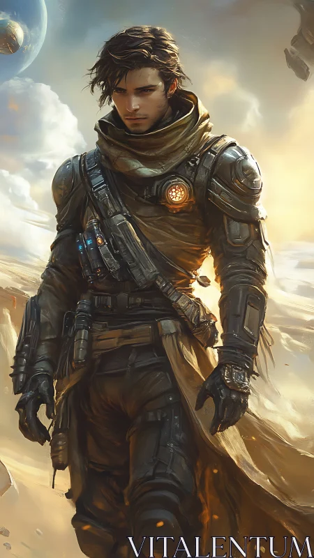 Armored desert wanderer strides through luminous sci-fi dunes