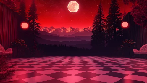 Neon moonlit terrace with alpine horizon and checkered floor.