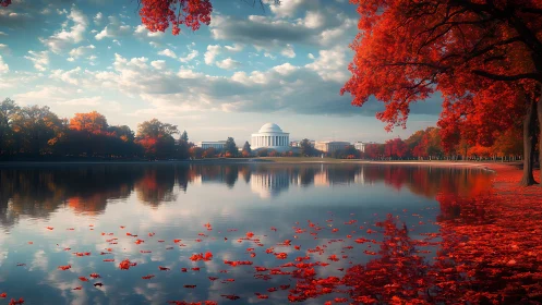Gentle autumn reflections framing a peaceful domed landmark.