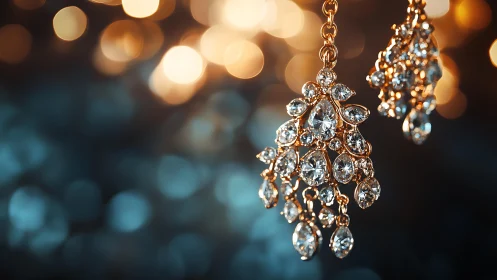 Diamond chandelier earrings glow against defocused bokeh