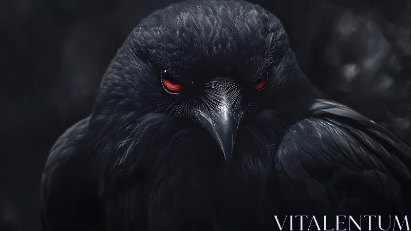 Close-up digital rendering of dark corvid with red eyes.