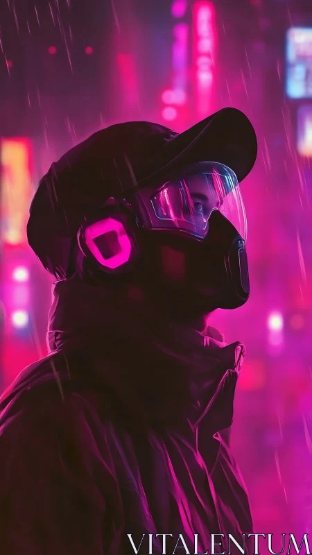 Hooded figure in neon city rain with glowing headset.