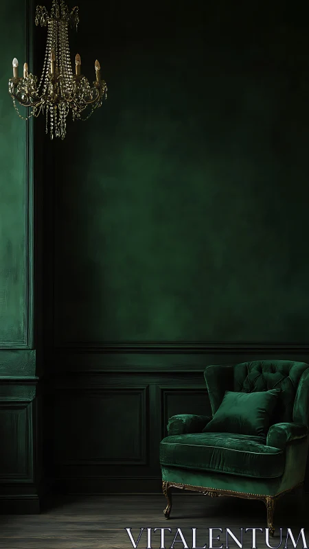Emerald armchair waits beneath a murmuring crystal chandelier