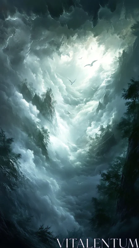 Storm-carved sky canyon opens toward luminous distant sun.