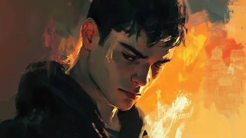 Brooding young man glows against vivid abstract firelight