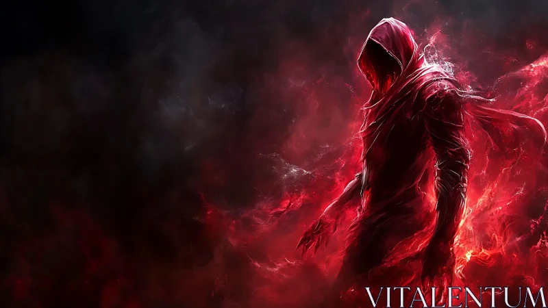 Hooded red specter emerges from swirling inferno shadows.