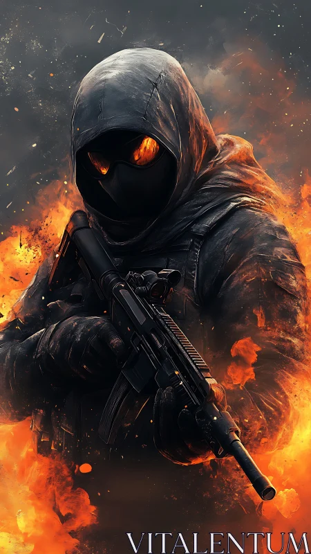 Hooded tactical operative framed by infernal ember flames.