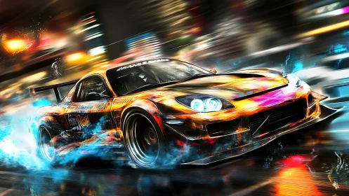 Neon street racer drifting through vivid city lights.
