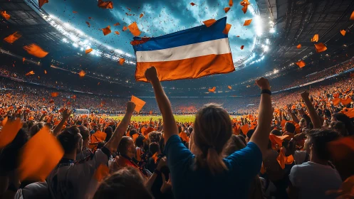 Crowd erupts under stadium lights as bold tricolor flag waves.
