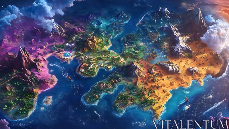 Mythic continents shimmer under storm-bright adventure skies.