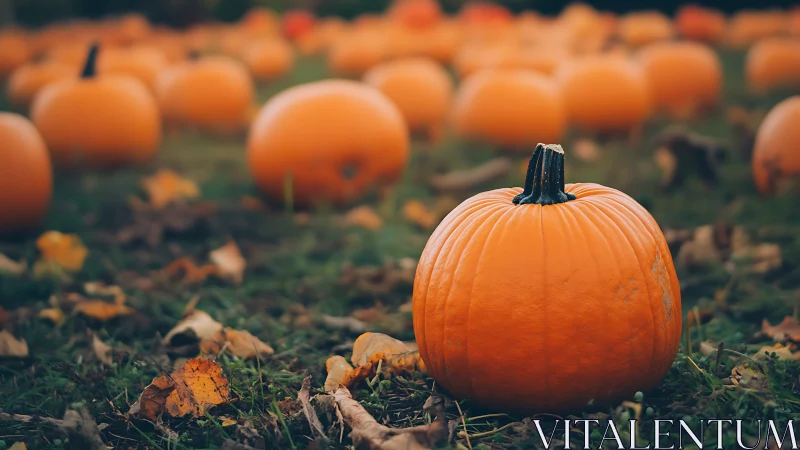 Single orange pumpkin in sharp focus in a fall field.