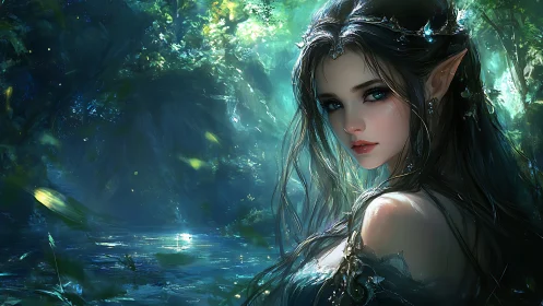 Moonlit river nymph gazes through enchanted emerald hush.
