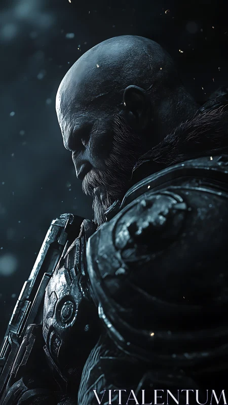 Cinematic 3D warrior profile in cold volumetric backlight.