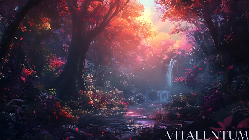 Luminous Forest Waterfall at Enchanted Dusk.