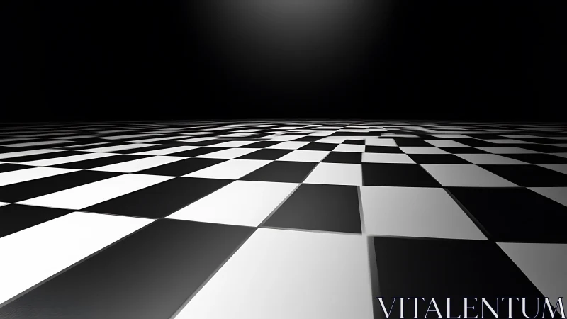 Checkerboard floor recedes into dark, empty background