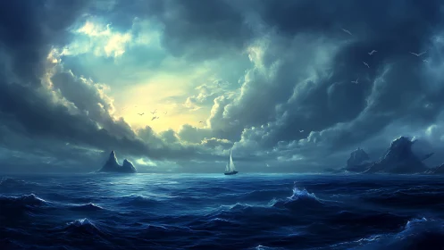 Solitary sailboat under stormlit teal and golden sky.