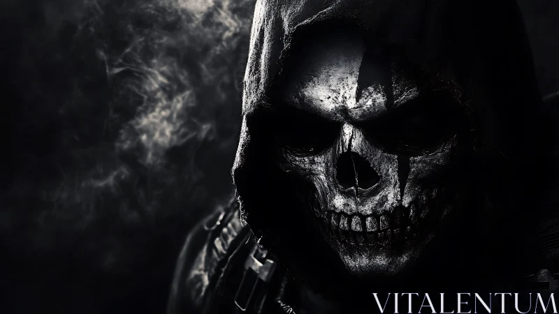 Smoke curls while the hooded skull grins through shadow