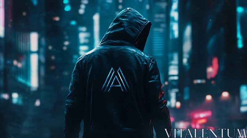 Hooded figure in neon cyberpunk alley with luminous logo jacket