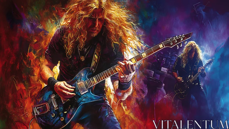 Electric guitarist depicted in layered digital painting composition