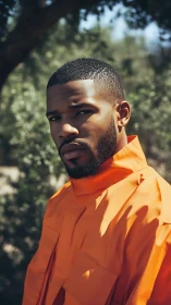 Sunlit portrait in bold orange under quiet forest shadows.