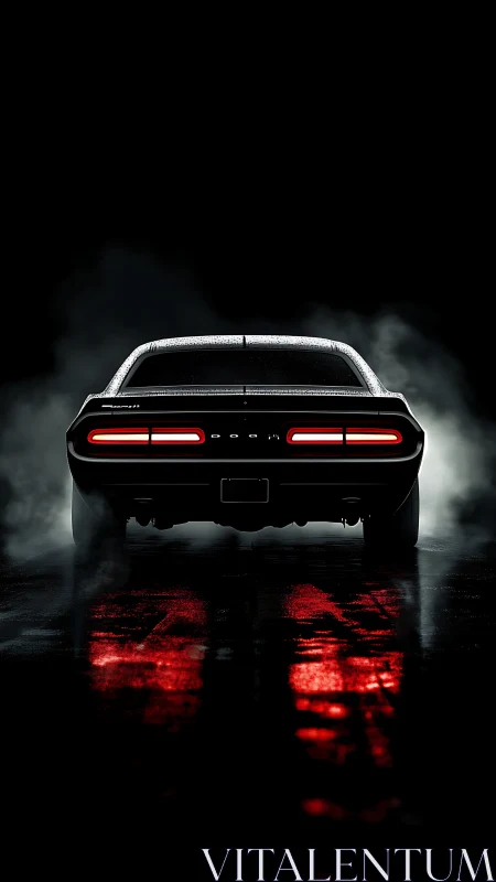 Rear muscle car silhouette in rain-soaked neon red glow.
