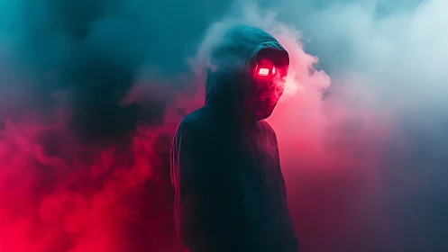 Hooded cyber-silhouette with neon mask in bifurcated fog field.