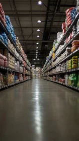 Endless grocery aisle corridor under warehouse lights.