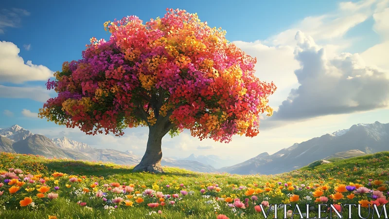 Chromatic canopy tree in alpine meadow under volumetric sky.