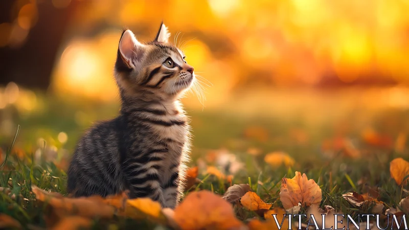 Tabby Kitten in Autumn Meadow with Golden Hour Bokeh.
