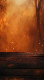 Wildfire Inferno with Ember Particles Above Wooden Foreground