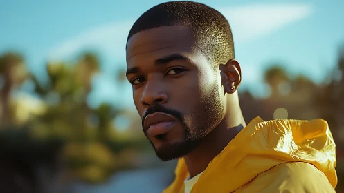 Portrait subject in golden hour light with yellow jacket.