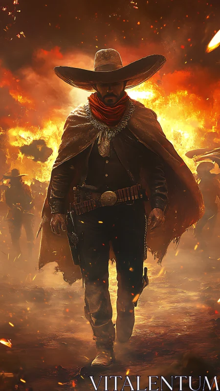 Mexican gunslinger advancing through inferno, cinematic firestorm