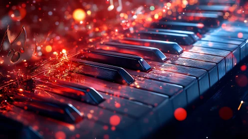 Glowing piano keys shimmer with magical musical sparks