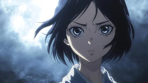 Stoic short haired anime character against misty backdrop.