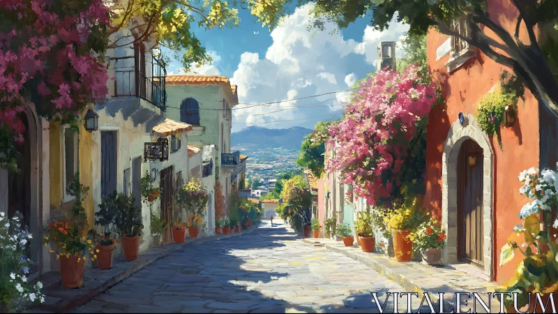Sunlit Mediterranean lane with flowers and distant hills.
